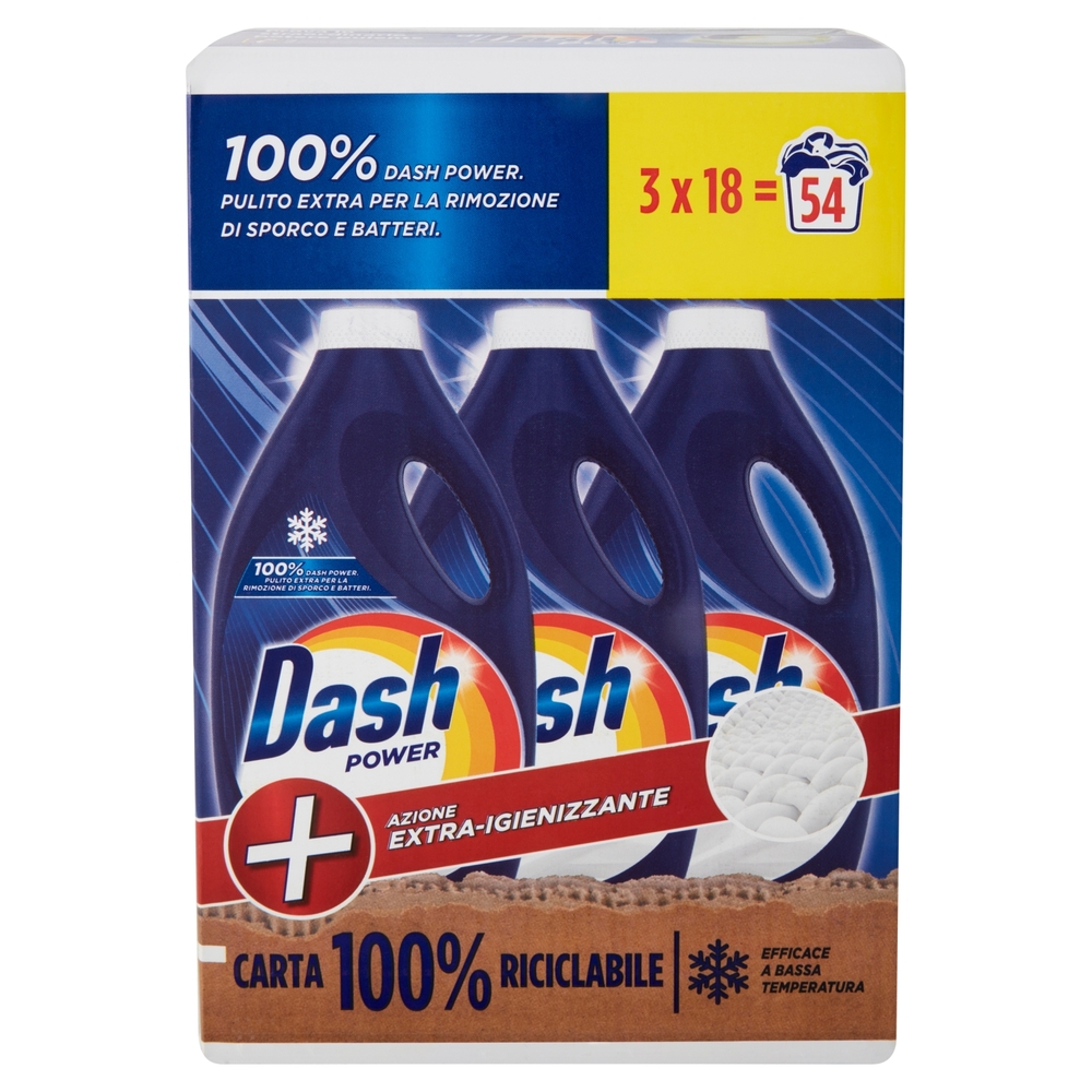 Dash Power Detersivo Lavatrice Liquido per Bucato +Azione Extra-Igienizzante 3x18=54 Lav. 3 x 990 ml